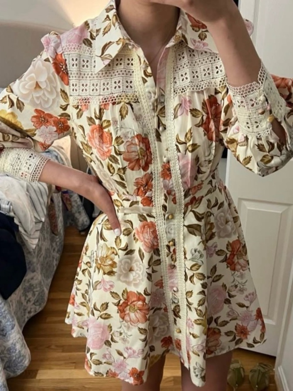 Floral Dress with Lace Trim Detail